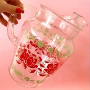 Vintage Glass Red Rose Pitcher | 68oz Water Juice Beverage Jug with Ice Lip